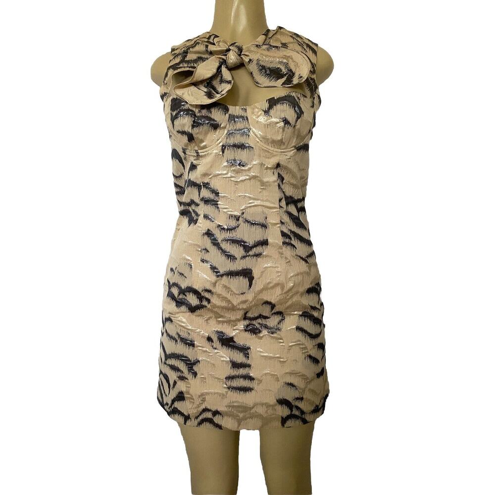 Carven Dress Cut Out Front Bow Tie Sleeveless Jacquard Beige Gray Sheath…